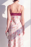 Pink A-Line Satin Spaghetti Straps Floral Midi Dress