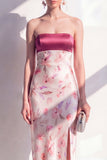 Pink Satin Strapless Sheath Floral Midi Dress with Slit