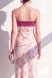 Pink Satin Strapless Sheath Floral Midi Dress with Slit