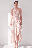 Apricot One Shoulder Chiffon A-Line Maxi Floral Dress with Ruffles