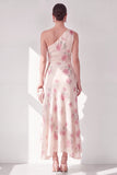 Apricot One Shoulder Chiffon A-Line Maxi Floral Dress with Ruffles