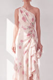 Apricot One Shoulder Chiffon A-Line Maxi Floral Dress with Ruffles