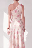 Apricot One Shoulder Chiffon A-Line Maxi Floral Dress with Ruffles