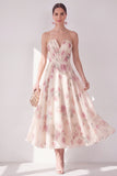 Apricot Strapless Chiffon Ruched A-Line Midi Floral Dress