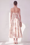 Apricot Strapless Chiffon Ruched A-Line Midi Floral Dress