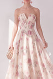 Apricot Strapless Chiffon Ruched A-Line Midi Floral Dress