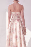 Apricot Strapless Chiffon Ruched A-Line Midi Floral Dress