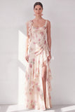 Apricot Mermaid Chiffon Ruched Corset Ruffled Floral Maxi Dress with Slit