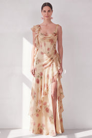 Apricot Mermaid Chiffon Ruched Corset Ruffled Floral Maxi Dress with Slit