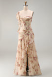 Apricot Mermaid Chiffon Ruched Corset Ruffled Floral Maxi Dress with Slit