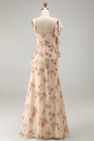Apricot Mermaid Chiffon Ruched Corset Ruffled Floral Maxi Dress with Slit