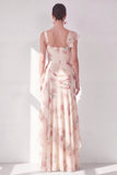 Apricot Mermaid Chiffon Ruched Corset Ruffled Floral Maxi Dress with Slit