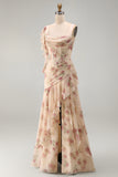 Apricot Mermaid Chiffon Ruched Corset Ruffled Floral Maxi Dress with Slit