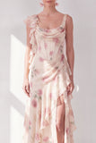 Apricot Mermaid Chiffon Ruched Corset Ruffled Floral Maxi Dress with Slit