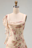 Apricot Mermaid Chiffon Ruched Corset Ruffled Floral Maxi Dress with Slit