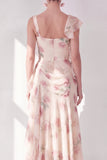 Apricot Mermaid Chiffon Ruched Corset Ruffled Floral Maxi Dress with Slit