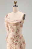 Apricot Mermaid Chiffon Ruched Corset Ruffled Floral Maxi Dress with Slit