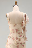 Apricot Mermaid Chiffon Ruched Corset Ruffled Floral Maxi Dress with Slit