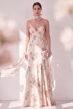 Apricot Mermaid Chiffon Spaghetti Straps Maxi Floral Dress with Slit
