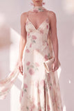 Apricot Mermaid Chiffon Spaghetti Straps Maxi Floral Dress with Slit