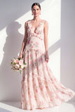 Apricot Floral A-Line V-Neck Chiffon Long Bridesmaid Dress with Ruffles