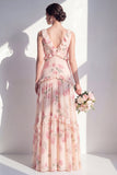 Apricot Floral A-Line V-Neck Chiffon Long Bridesmaid Dress with Ruffles