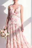 Apricot Floral A-Line V-Neck Chiffon Long Bridesmaid Dress with Ruffles