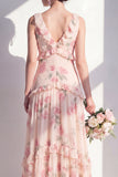 Apricot Floral A-Line V-Neck Chiffon Long Bridesmaid Dress with Ruffles