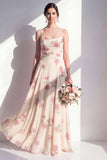 Apricot Floral A-Line Chiffon Ruched Long Bridesmaid Dress