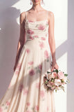Apricot Floral A-Line Chiffon Ruched Long Bridesmaid Dress