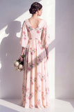 A-Line Apricot Floral Chiffon V-Neck Ruched Long Bridesmaid Dress with Flutter Sleeves
