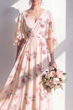 A-Line Apricot Floral Chiffon V-Neck Ruched Long Bridesmaid Dress with Flutter Sleeves