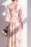 A-Line Apricot Floral Chiffon V-Neck Ruched Long Bridesmaid Dress with Flutter Sleeves