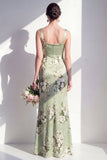 Sage Green Mermaid Satin Floral Square Neck Ruched Long Bridesmaid Dress