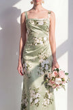 Sage Green Mermaid Satin Floral Square Neck Ruched Long Bridesmaid Dress