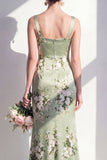 Sage Green Mermaid Satin Floral Square Neck Ruched Long Bridesmaid Dress