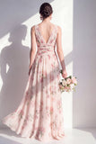 A-Line Apricot Chiffon V-Neck Ruched Floral Long Bridesmaid Dress