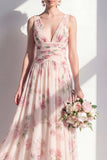 A-Line Apricot Chiffon V-Neck Ruched Floral Long Bridesmaid Dress