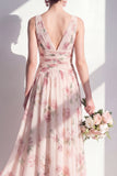 A-Line Apricot Chiffon V-Neck Ruched Floral Long Bridesmaid Dress