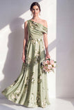 One Shoulder A-Line Sage Green Satin Floral Long Bridesmaid Dress
