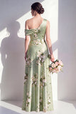 One Shoulder A-Line Sage Green Satin Floral Long Bridesmaid Dress