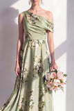 One Shoulder A-Line Sage Green Satin Floral Long Bridesmaid Dress