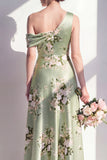 One Shoulder A-Line Sage Green Satin Floral Long Bridesmaid Dress