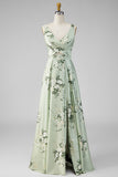 A-Line Sage Green Satin V-Neck Floral Long Bridesmaid Dress with Slit