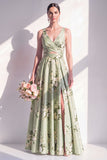 A-Line Sage Green Satin V-Neck Floral Long Bridesmaid Dress with Slit