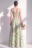 A-Line Sage Green Satin V-Neck Floral Long Bridesmaid Dress with Slit