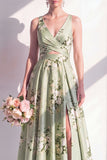 A-Line Sage Green Satin V-Neck Floral Long Bridesmaid Dress with Slit