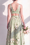 A-Line Sage Green Satin V-Neck Floral Long Bridesmaid Dress with Slit