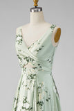 A-Line Sage Green Satin V-Neck Floral Long Bridesmaid Dress with Slit
