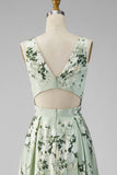 A-Line Sage Green Satin V-Neck Floral Long Bridesmaid Dress with Slit